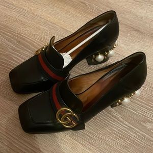 Gucci Black and Red Heels with Gold Accents